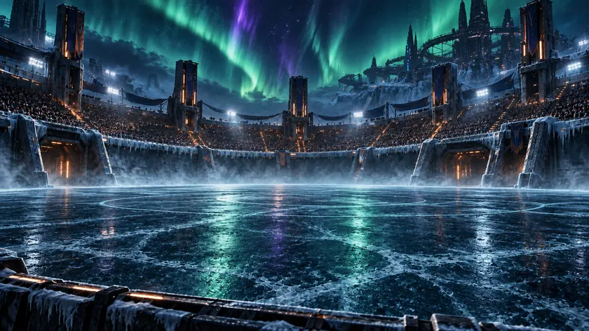 An open-air arena on polar sea ice, green and violet aurora reflected on the pitch