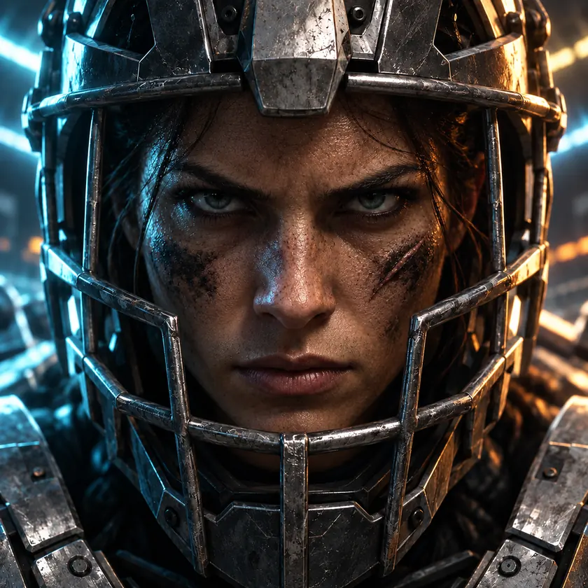Extreme close-up of a woman’s scarred face inside an open riot-cage helmet