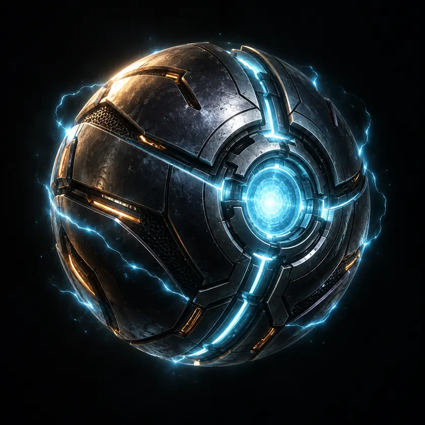 A segmented metal ball with a glowing cyan core, trailing electric arcs