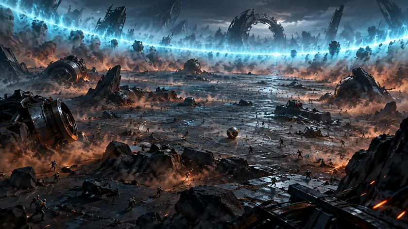 A vast open arena floor strewn with wrecks as a wall of cyan light sweeps in