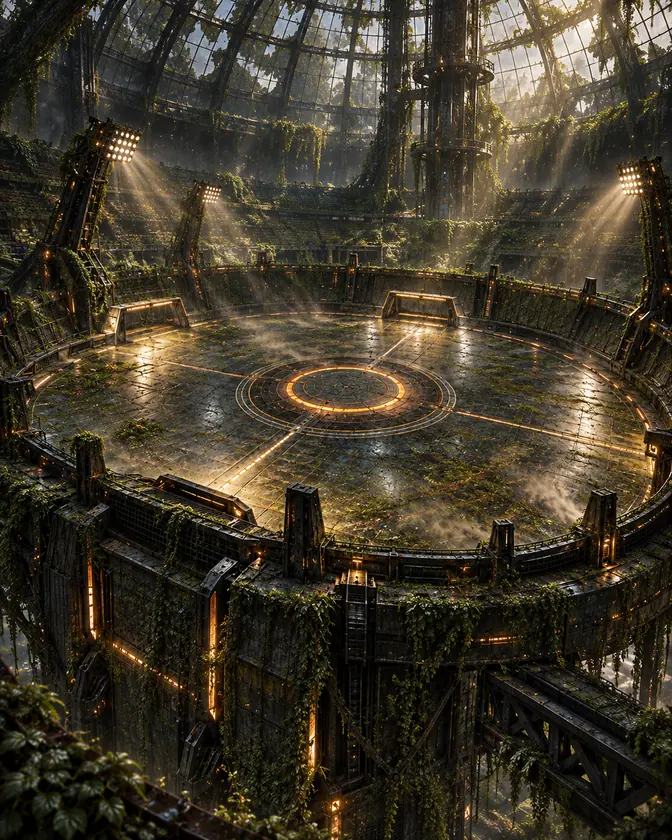An arena inside an abandoned greenhouse dome, vines over the stands and pollen in the light
