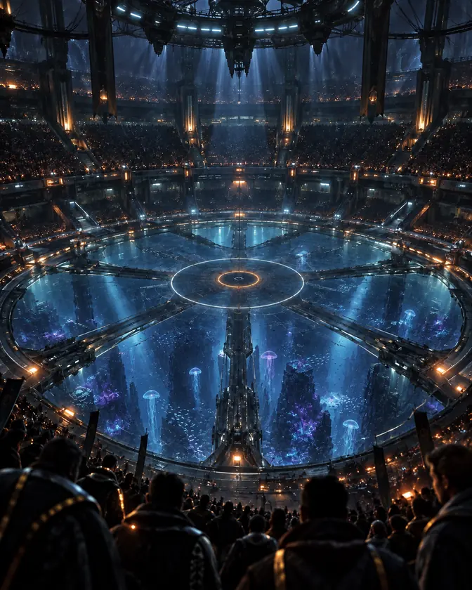 An arena on a glass floor above a night reef, glowing jellyfish beneath the pitch