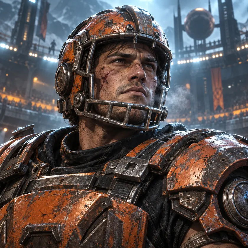 Close portrait of the Rustbelt Underdogs captain, a scarred man in worn copper-orange scrap armour