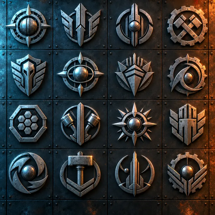 Sixteen machined club emblems mounted in a grid on a riveted metal wall
