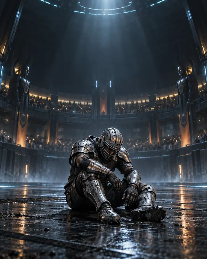 An athlete slumped on the arena floor after full time, stands still lit behind him