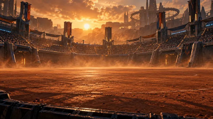 An open-air arena at dusk, amber dust hanging over a hard clay floor