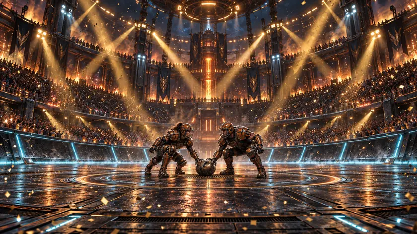 Final night under a dome: gold searchlights, confetti and a woman and a man facing off at the centre spot