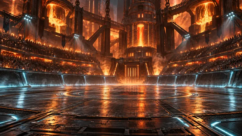 A converted foundry arena, molten orange glow behind the stands