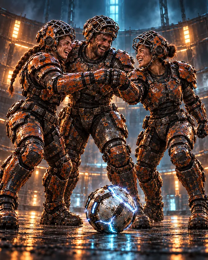 Three friends in copper armour, two women and a man, laughing together around the ball