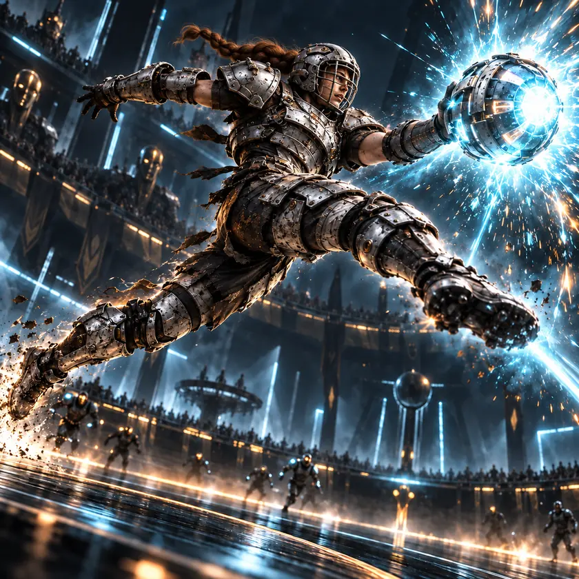 A woman in armour leaping to drive the charged ball home in a burst of light