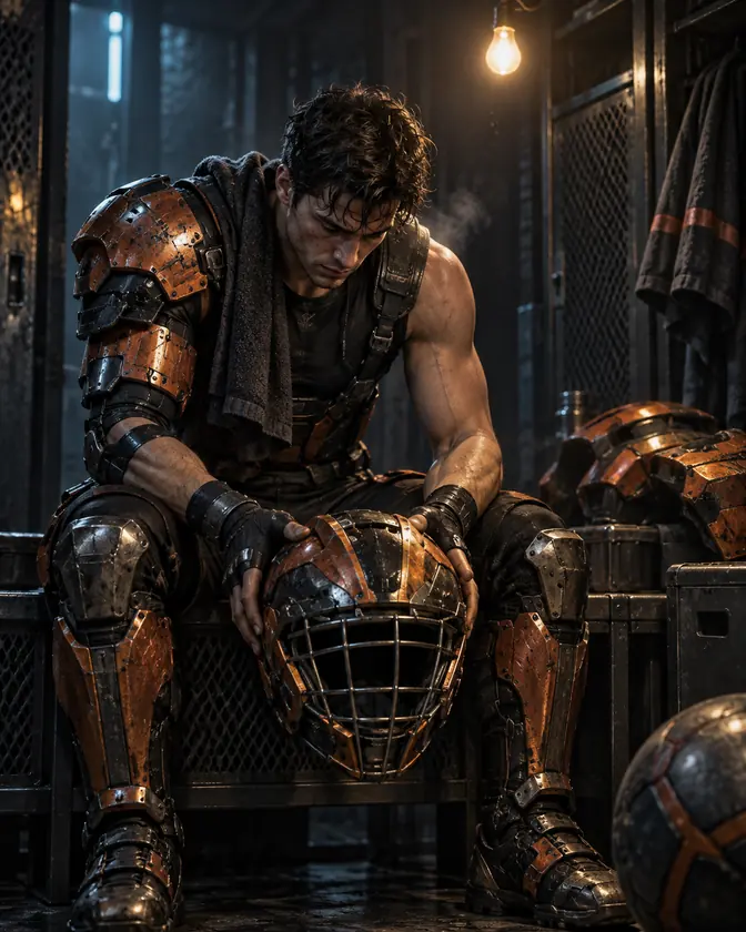 A half-armoured athlete sitting in a dim locker room, helmet on his knees