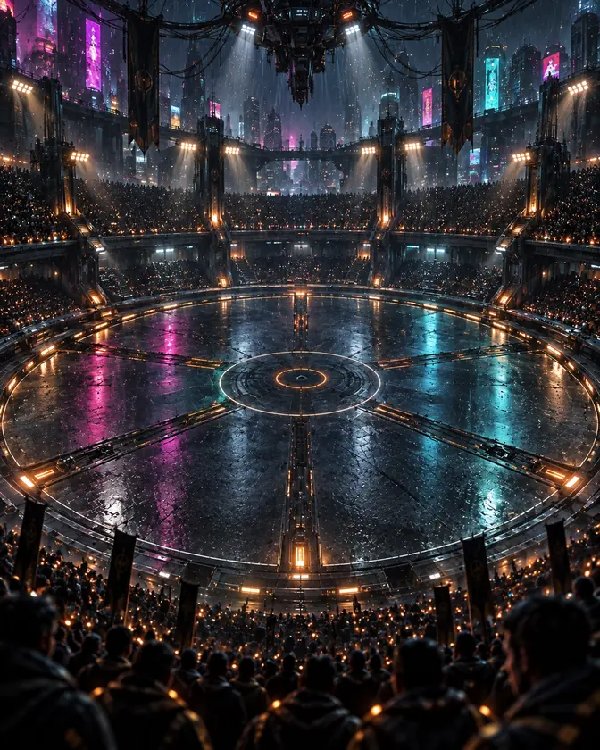 A rooftop arena in a rain-soaked megacity, neon signs glowing behind packed stands