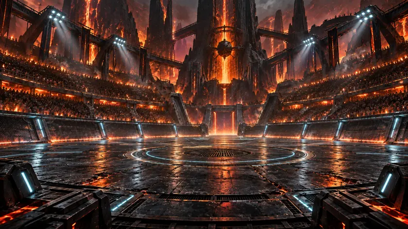 An arena of black volcanic glass over a glowing rift, embers drifting over the stands