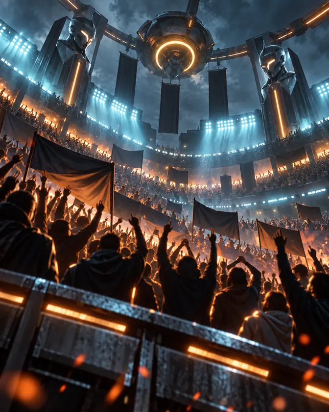 Packed stands of silhouetted spectators with blank banners under arc lights