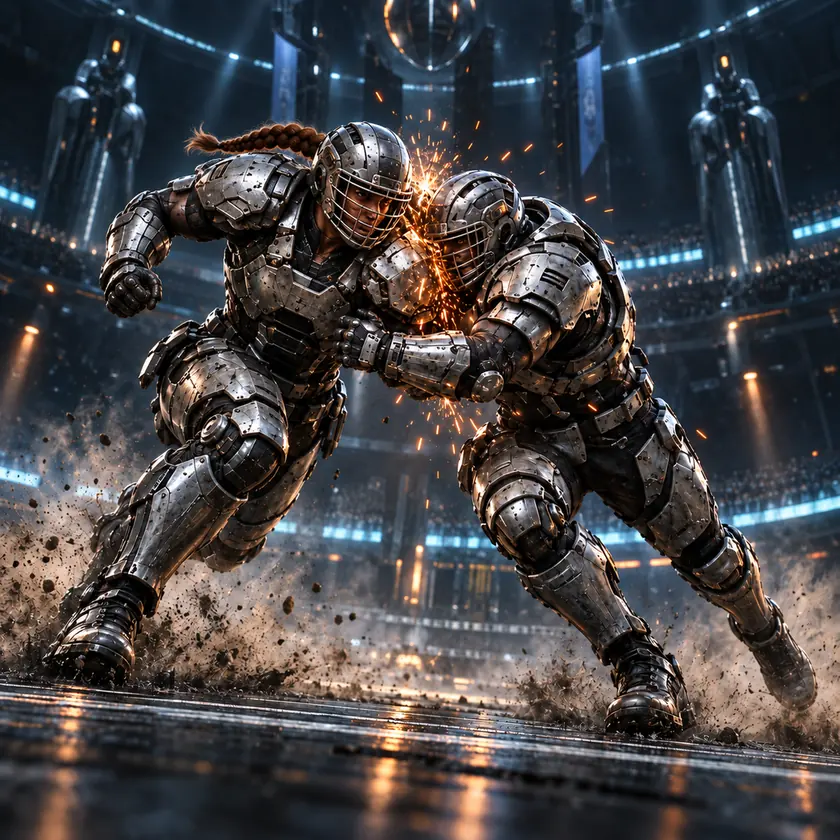 A woman and a man in armour colliding mid-stride, impact sparks bursting between them