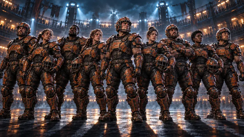 Nine Rustbelt Underdogs, men and women in battered copper armour, lined up for a team photo on the arena floor