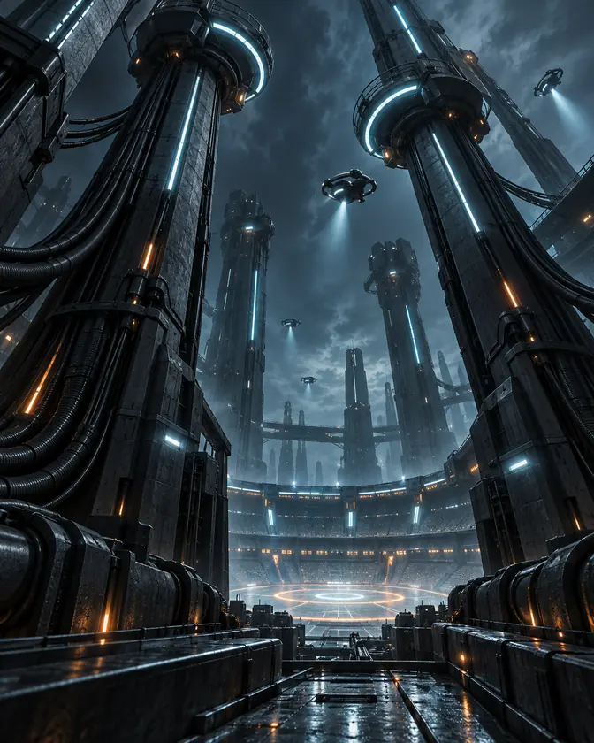 Industrial surveillance towers and patrolling drones over a distant lit arena