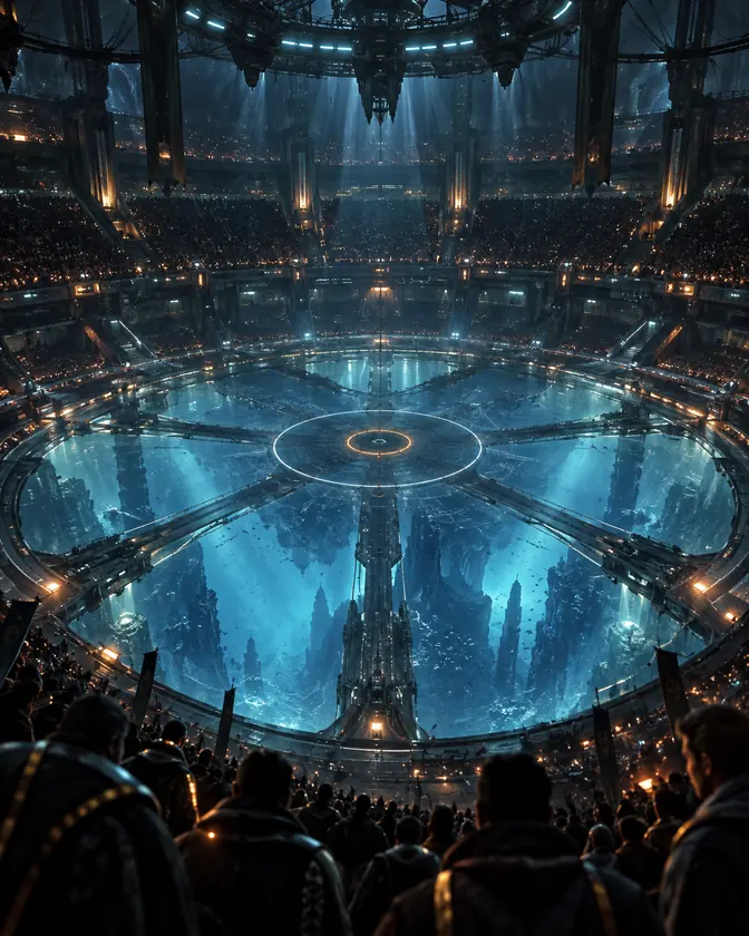 An arena sunk in a pit, its playing floor glowing from beneath like a lit window