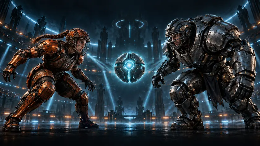 A woman in copper armour and a man in gunmetal armour squaring up, a glowing ball between them