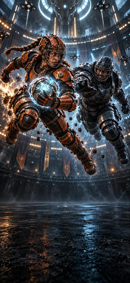 A woman in copper armour charging with the glowing ball, a man in gunmetal on her heels, framed vertically for a phone screen