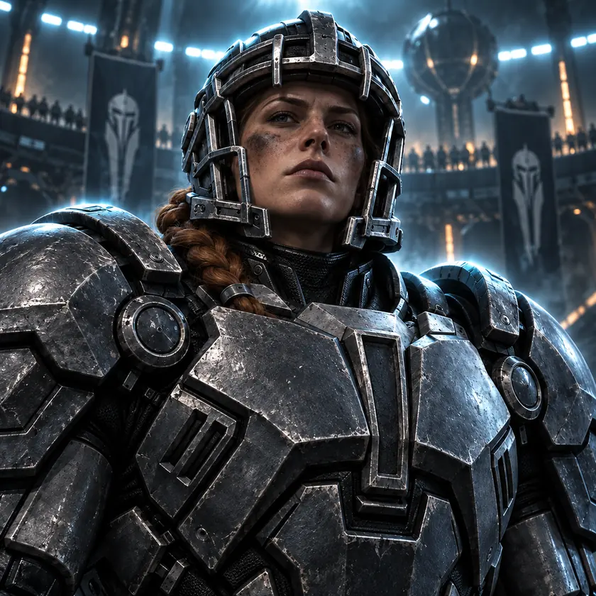 Close portrait of the Iron Wardens captain, a woman with a braid under her cage helmet, in heavy gunmetal armour