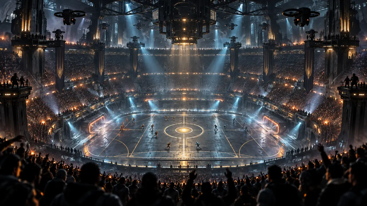 A colossal enclosed arena at night, packed tiers of spectators around a floodlit pitch