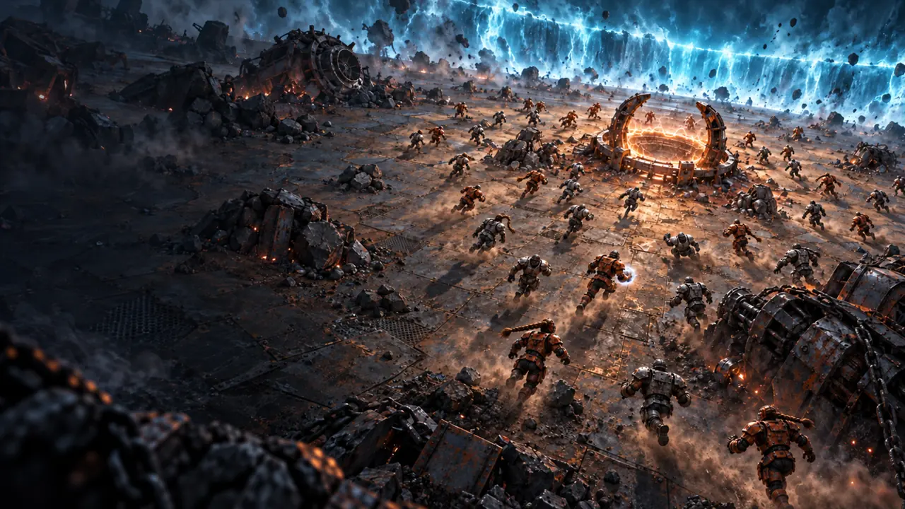 A hundred armoured athletes scattered across an open arena floor as a wall of light closes in