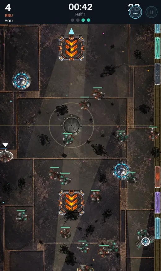 Slagball match on Festival Dome: sweeping gold searchlights and confetti over a dark stage floor