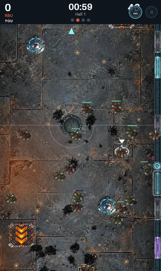 Slagball match on Slag Foundry: armoured players and blood on a flat slag floor