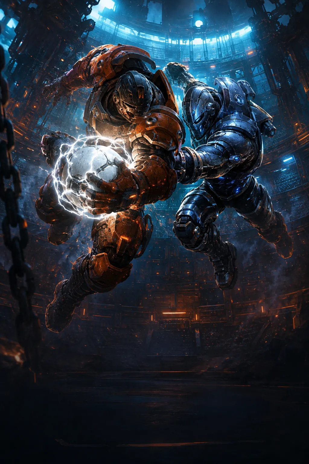 Two armoured athletes fighting for an electrified ball inside a vast industrial stadium