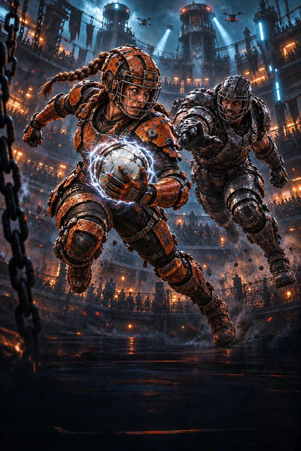 A woman in copper armour charges with the electrified ball, a man in gunmetal armour on her heels, inside a vast industrial stadium